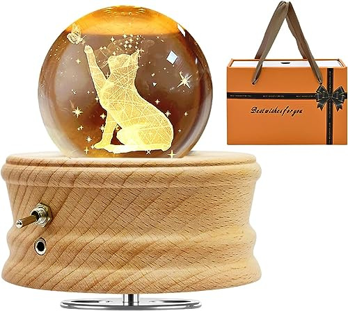 MJKOPEE Caja de Música con Bola de Cristal 3D,Caja de Músic con Gato y Mariposa Giratoria 360°, Caja de Música de Madera con Luz,Caja Musical Regalo para Niños,Mujeres,Amigos para Cumpleaños Navidad