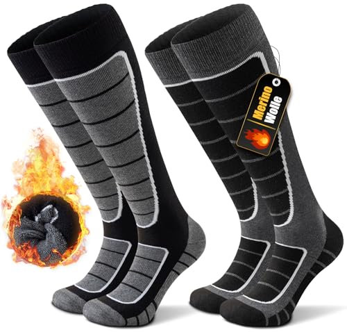 Stoeury 2 Paar Merinowolle Skisocken Herren Damen, Gepolsterte Skisocken, Bequeme Snowboard Socken, Warme Skistrümpfe, Thermosocken Wintersocken für Skifahren, Snowboarden, Schwarz und Grau, L