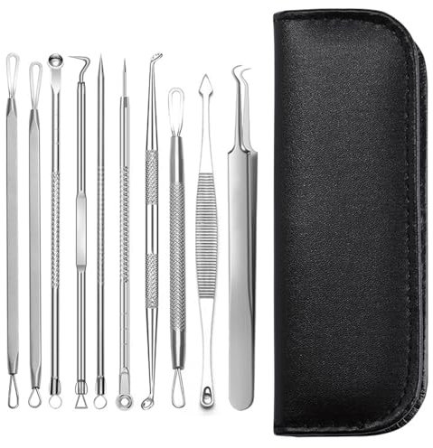 ZEVONDA Mitesserentferner Komedonenquetscher Set 10 Stück - Hochwertiger Edelstahl Blackhead Remover Akne Whiteheads Mitesser Entferner Pickel Pickel Ausdrücken Werkzeug für Gesichtsfehler (Silber)