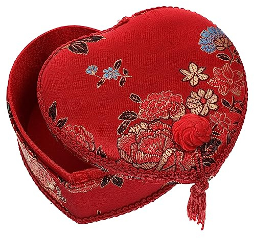 LIFKOME Jewellery Box Portable Wooden Cloth Heart-shaped Necklace Gift Box Keepsake Small Trinket Organizer with Storage Space for Travel Use for Earrings and Rings