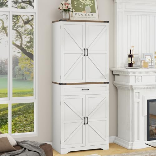 Halitaa 72 Tall Farmhouse Pantry Storage Cabinet with Organizer - Large Capacity Freestanding Cupboard for Kitchen, Dining Room, Living Room, White