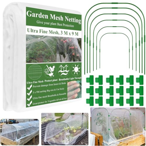 Garden Mesh Netting Kit,3 x9M Ultra Fine Netting Pest Barrier & 6 Set Tall Garden Hoops & 18 clips-Greenhouse Hoop Net for Raised Beds Plants Cover Vegetable Fruits Flower Birds Protection Net