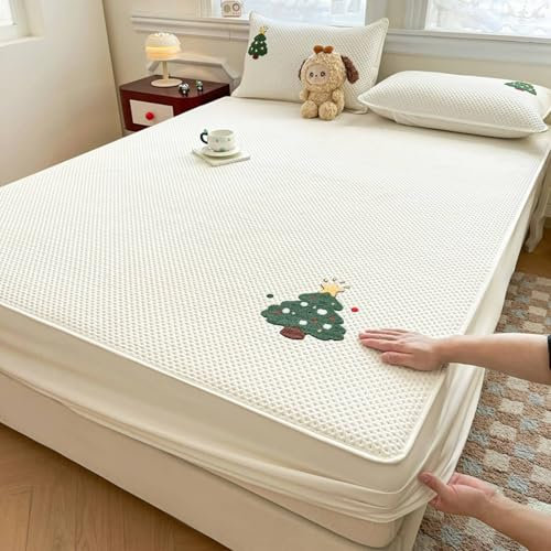 Homxi Spannbetttücher Einzelbett Boxspringbetten,180 x 200 cm x 30 cm,Matratzenbezug Outdoor Chemiefaser Jacquard Weihnachtsbaum Muster Spannbetttuch Beige Weiß Grün