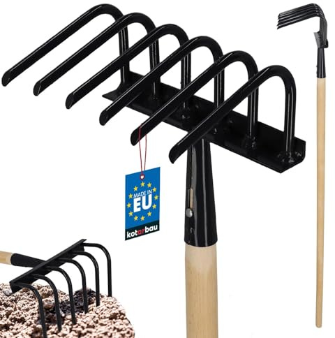 KOTARBAU® Trädgårdshacka 6-zink med trähandtag 120 cm hacka för ogräsrensning av stål, trädgårdskula för att lossa marken, räfsa för trädgårdsverktyg, lossa och ventilera med klor blomräfsa
