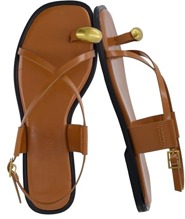 CUSHIONAIRE Corfu Flat Sandals for Women 2025 – Strappy Design with Toe Loop and Adjustable Ankle Strap – Lightweight Summer Dress Sandal, COGNAC 7.5