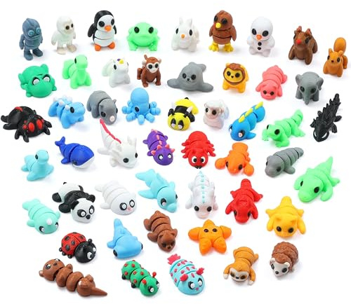 MONJITA 50 pcs Mini 3D Printed Animal Figurines, Flexible Articulated Fidget Toys, Cute Desk Decor, Party Favors, Goodie Bag Stuffers, Gifts for Kids Carnival Prizes Graduation Rewards (50pcs)