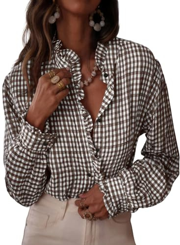 Astylish Women Button Down Plaid Shirt Casual Tops 2025 Fall Flowy Long Sleeve Ruffle V Neck Trendy Checkered Blouses Coffee XX-Large