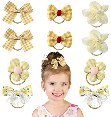10 Bandas para el Cabello de Niñas, Lazos & Flores Gomas de Pelo Elásticas para Bebés, Niños y Niñas Pequeñas (Amarillo)