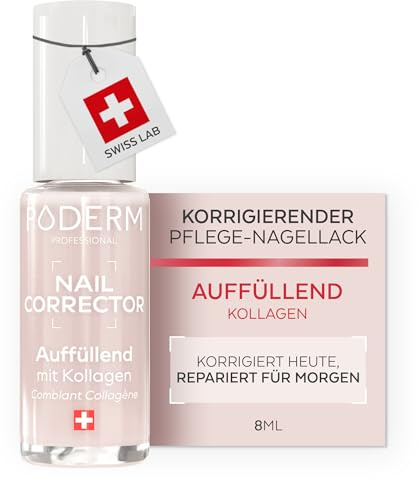 PODERM Esmalte Uñas Tratamiento Corrector y Perfeccionador – Colágeno | Alisa, Difumina y Rellena Estrías con Acabado Gel Natural – 8ml | Uña Protegida Uniforme | Desarrollado por un Podólogo en Suiza