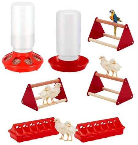 El paquete completo de comedero y bebedero para aves de corral contiene una pequeña percha para el crecimiento adecuado de las aves, suministros de pollo de granja pequeña