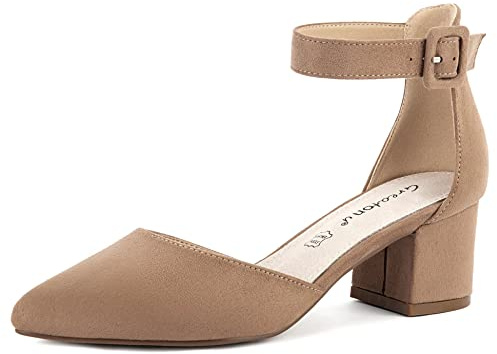 Greatonu, Sandali con Tacco Basso a Blocco, con Punta Chiusa, Scarpe décolleté per Abito da Sera, Beige EU 37