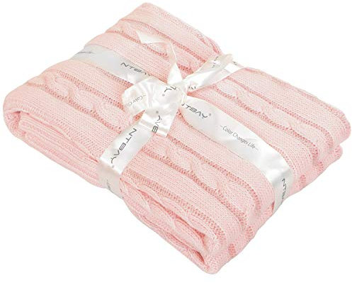 NTBAY 100% Pure Cotton Cable Knit Toddler Blanket, Super Soft and Warm Breathable Baby Blanket for Cot Bed, Stroller, Nursery, Travel, Newborn, Baby Pink, 76x102 cm