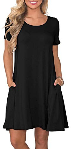 WNEEDU Women's Summer Casual T Shirt Dresses Short Sleeve Swing Dress with Pockets (3XL,Black)