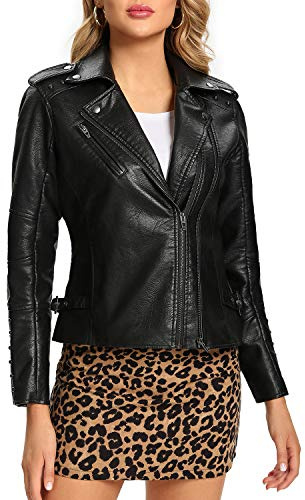 S P Y M Womens Faux Leather Jacket, Double Zip Up Coat, Moto Biker Outwear with Rivets, Regular and Plus Size