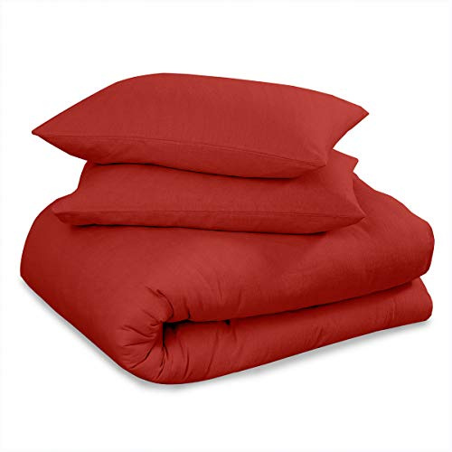 Luxury Premium Quality Plain Dyed Flannel Sheet Set, Fitted Bedsheet and Flat Bedcloth with Matching Pillowcases, 100% Brushed Cotton Easy Care Flannelette Bed Linen, Red, Kingsize Bedding