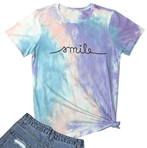 YITAN Women Tie Dye Tee Shirts Blue Purple Red Large