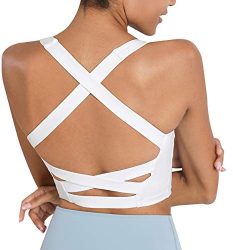 romansong Yoga-Sport-BHS für Frauen, gepolstert, mit überkreuzten Rücken.Weiß, Mittel
