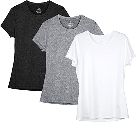 icyzone Donna Maglietta da Palestra Maniche Corte Maglia Sportivo Girocollo T-Shirt per Corsa Yoga, Pacco da 3 (XL,Negro/Gris/Blanco)