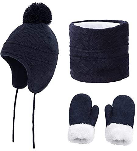 CheChury Sombrero de Invierno Bufanda para Niñas Niños Gorro y Bufanda Mitones de Punto Bebés y Niños Pequeños Gorro de Invierno con Color Puro Sombrero de Pompón Niñas Niños 1-6 Años,Azul Marino,L