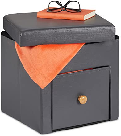 Relaxdays Sitzhocker mit Stauraum, Faltbarer Beinhocker, HBT: 38 x 37 x 38 cm, mit Schublade, Fußhocker für Sessel, grau