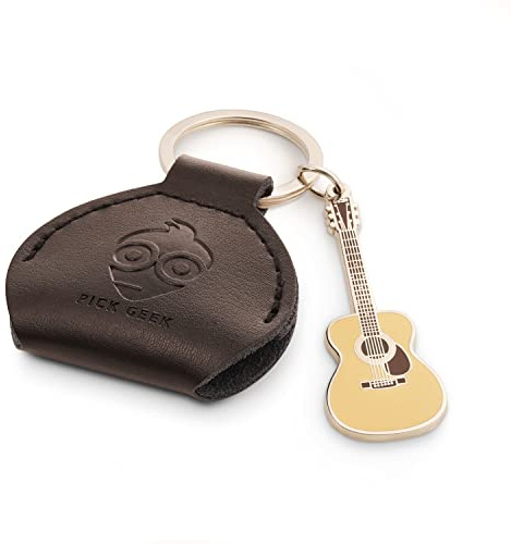 Pick Geek Black Leather Pick Holder with Miniature Martin Keyring | 100% Handmade Real Leather | Includes 3 FREE Guitar picks | Made with Jewellers Metal