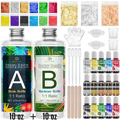 Epoxiharts startkit: 540 ml epoxiharts med alkoholbläck, metalliskt bläck, hartspigment, glimmerpulver, folieflingor, glitter och gjuttillbehör för nybörjare, gör-det-själv hartshantverk, smyckestillverkning, tumlare