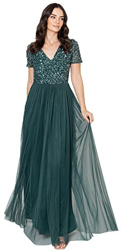 Maya Deluxe Damen Women's V Neckline Embellished Neck Maxi Dress Short Sleeve Empire Waist Prom Graduation Bridesmaid Wedding Guest Brautjungfernkleid, Emerald Green, 40 EU