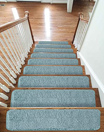 emmahome New Shiny Pile Carpet Stair Treads NON-SLIP MACHINE WASHABLE Mats/Rugs, 20mm Thickness, Indoor 22x67cm, (Turquoise, 13)
