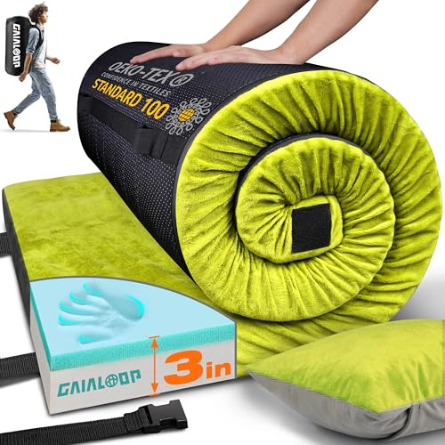 GAIALOOP 3 Inch Memory Foam Camping Mattress, Dual Layer Thick Sleeping Camp Pad for Car Tent Cot, Roll-Up Portable Glamping Floor Bed for Guests Sleepover[Cot: 72 * 24 * 3]