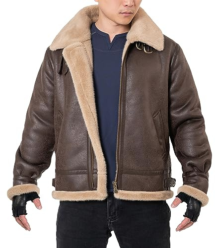 Mifidy Fur Leather Jacket, Men Brown Leon Kennedy Motorcycle Aviator Bomber Comfort Durable Fleece Shearing Winter Coat Cosplay Costume Outfit X-Small