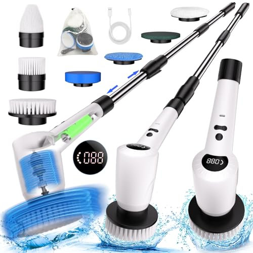Kolagan Scrubber elettrico a rotazione,aggiornamento elettrico senza fili per vasca e piastrelle con braccio di estensione regolabile,3velocità 7testine di pulizia sostituibili,lavasciuga a rotazione