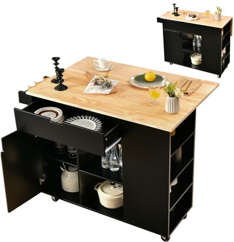 KOMFOTTEU Carrello da Cucina a Isola in Legno, Carrello di Servizio con Piano di Lavoro Estraibile, Mobile da Cucina con Cassetto, Ripiano Regolabile, Carrello da Cucina a Isola (Nero)