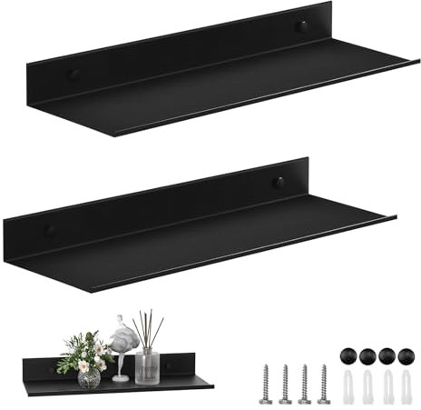 2 Stück Wandregal Metall Schwarz, 40CM Schwebendes Regal, Badezimmer Regalbrett für die Dusche, für Badezimmer, Wohnzimmer, Küche, Schlafzimmer, Büro