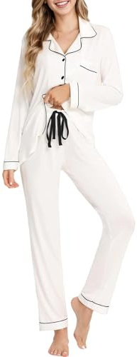 IFFEI Dampyjamas långärmad pyjamas med knapp, tvådelad pyjamas-set, toppar och byxor, husdräkt vit X-Large, Vit, XL