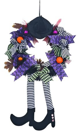 GWAWG Corona di Halloween per porta d'ingresso, cappello da strega e piedi da appendere, decorazione unica per porta, casa, esterno e interno
