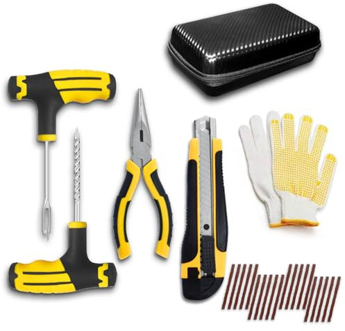 Goviox Kit Riparazione Pneumatici Auto, Kit di Riparazione per Pneumatici sgonfi - 9 Pezzi - Kit di Tappi per Foratura e Toppe con Custodia, Kit di Toppe per Pneumatici Portatile con sigillante