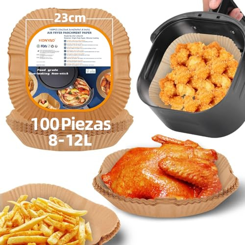 HONYAO Airfryer Bakplåtspapper, 23x23cm non-stick-engångsbruk Papper Liner för Luftsfritös 8-12 L, 100 stycken Fyrkant Pergamentpapper Bakpapper Tillbehör för Russell Hobbs Princess Euary Air Fryer