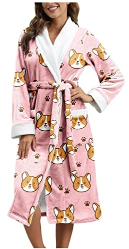 Bata de baño larga y abrigada de felpa para mujer con cuello de chal o capucha con estampado de animales, bata de baño gruesa para el hogar, bata de baño de toalla, bata de baño de felpa para otoño e