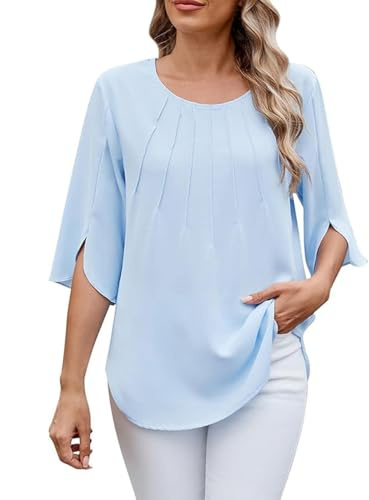 GUCURIN Camicia Donna Chiffon Camicetta Elegante 3/4 Manica con Scollo a Rotondo Casual Estivi di Colore Puro Blusa Leggero
