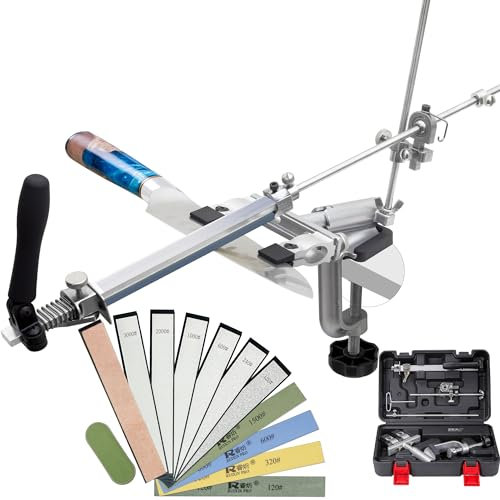 CWOVRS Aiguiseur de Couteaux, RX-009 Affûteur Couteaux à Angle Fixe Rotatif à 360°, Curseur et Fixation Précis Améliorés, Kit de Système d'Affûtage de Couteaux à Cuisine, 10 Pierre+ 1 Cuir+ 1 Pâte