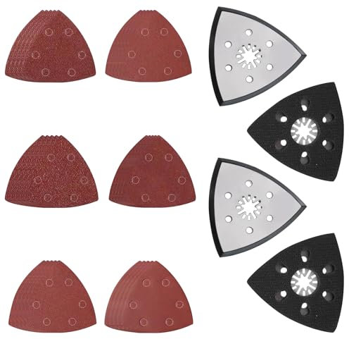 Pmueuff Triangles de Ponçage, 4 Plateau de Ponçage pour Ponceuses Delta avec Trous, 30 Papier Abrasif Ponceuse Triangulaire Papier Abrasif Grain 40 60 80 120 180 240 pour Ponceuse Multifonction