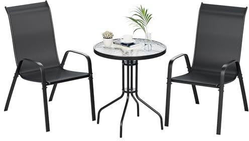 LIFERUN 3-teiliges Balkonmöbel Set 3pcs Bistroset Klein Gartenmöbel-Set mit Terassentisch Rund (Gehärtetes Glas) + 2 Stapelbare Hochlehner (Textilene & Metall) Für Terrasse Balkon Garten Restaurants