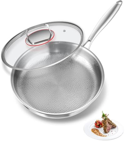 Abijan Edelstahlpfanne 28cm, Titan Pfanne, Bratpfanne unbeschichtet, 18/10 Edelstahl Induktionspfanne mit deckel, Textur-Design Pfanne Für Gas und Induktion ohne PTFE & PFOA,11 Inch