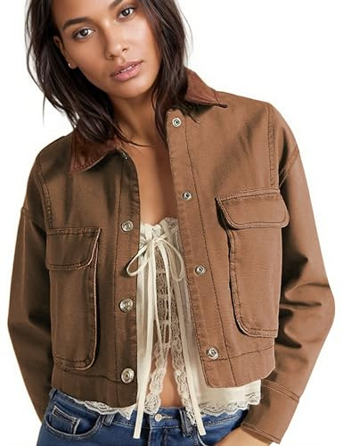 HangNiFang Cropped Barn Jacket for Women 2025 Contrast Collar Outwear Long Sleeve Cotton Short Cargo Jacket with Pockets(1276-Brown-S)