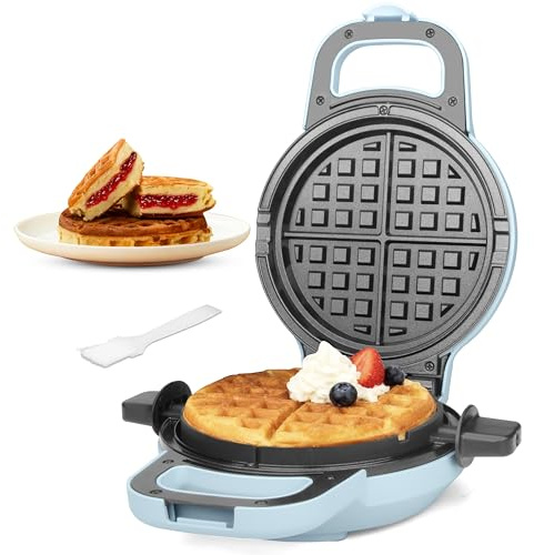 SugarWhisk 6 Stuffed Waffle Maker Rotating, Flip Waffles Maker Machine with Removable Waffle Ring, Ceramic Coated Belgian Waffle Maker for Kids, Waflera Electrica, Waffle Iron, Pale Blue