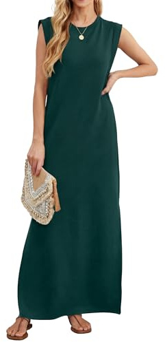 Enmain Vestido Largo Mujer Verano Sin Mangas Cuello Redondo con Bolsillos Laterales y Fisiones Elástica Antiarrugas Casual Elegante Vestidos Verde Oscuro Mujer de Vacaciones Fiesta Tallas L