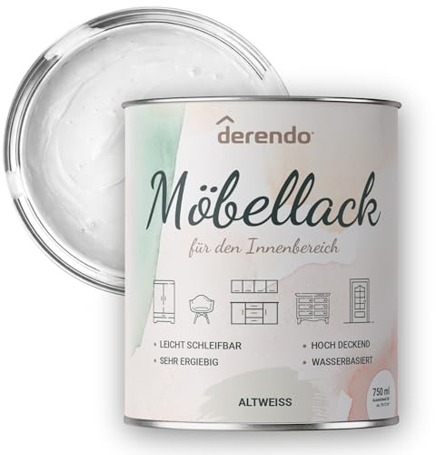 derendo Möbelfarbe ohne schleifen Matt 0,75 L Möbellack -Hochdeckend- Holzfarbe innen – Kreidefarbe für Möbel, Türen & Fronten – Strapazierfähiger Holzlack, geruchsarm (Weiss)