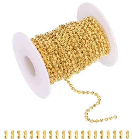 sourcing map Catena a sfere da 10 m, in acciaio inossidabile, rotolo con 20 connettori per appendere ornamenti, targhette per cani, portachiavi, decorazioni natalizie (oro, diametro esterno 2,4 mm)