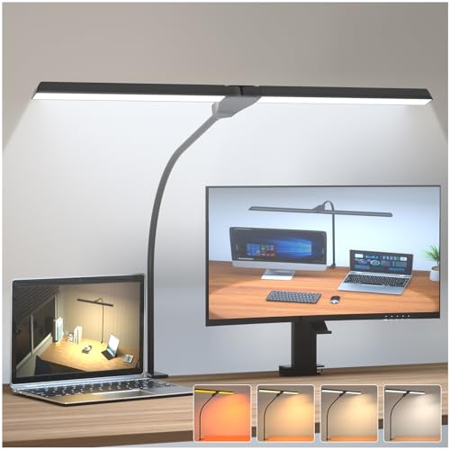 BrightWish Doppelkopf Schreibtischlampe LED, Dimmbar 68.5CM Schreibtischlampe mit 4 Farbtemperaturen & 3 Helligkeiten, USB Tischlampe für Homeoffice Lese Nähren Zeichnen