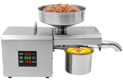 Pressa per olio da 610 W, elettrica automatica in acciaio inox con controllo digitale della temperatura e display, coppia massima 1500 Nm, velocità di pressatura 3-5 kg/h, resa olio per arachidi 40